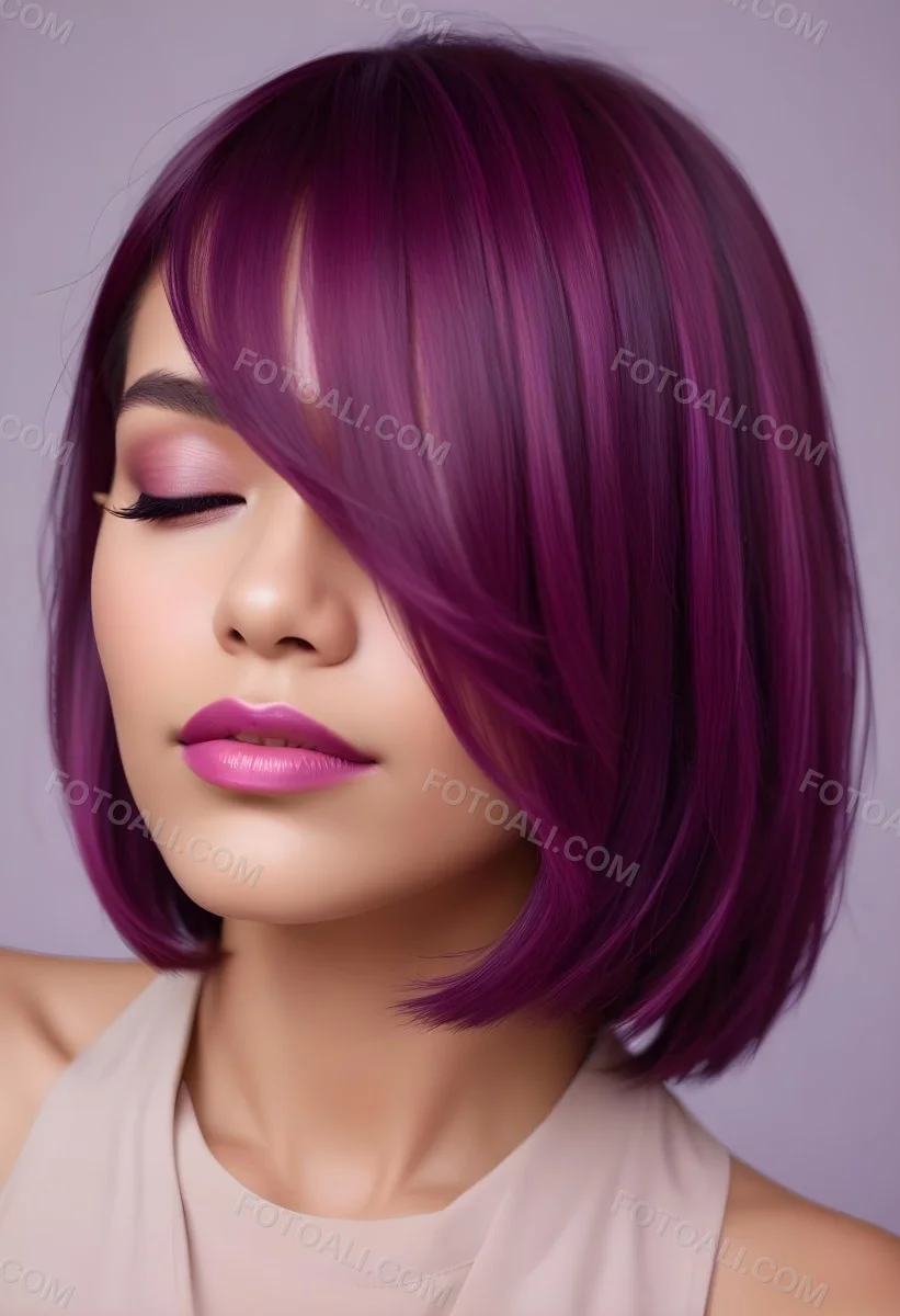 Woman With Medium Skin Tone And A Stylish Bob Haircut Featuring Vibrant Purple Highlights She Has Her Eyes Closed And Is Wearing Soft Pink Lipstick And Eye Makeup The Background Is Neutral And Unobtrusive 80 E1b7