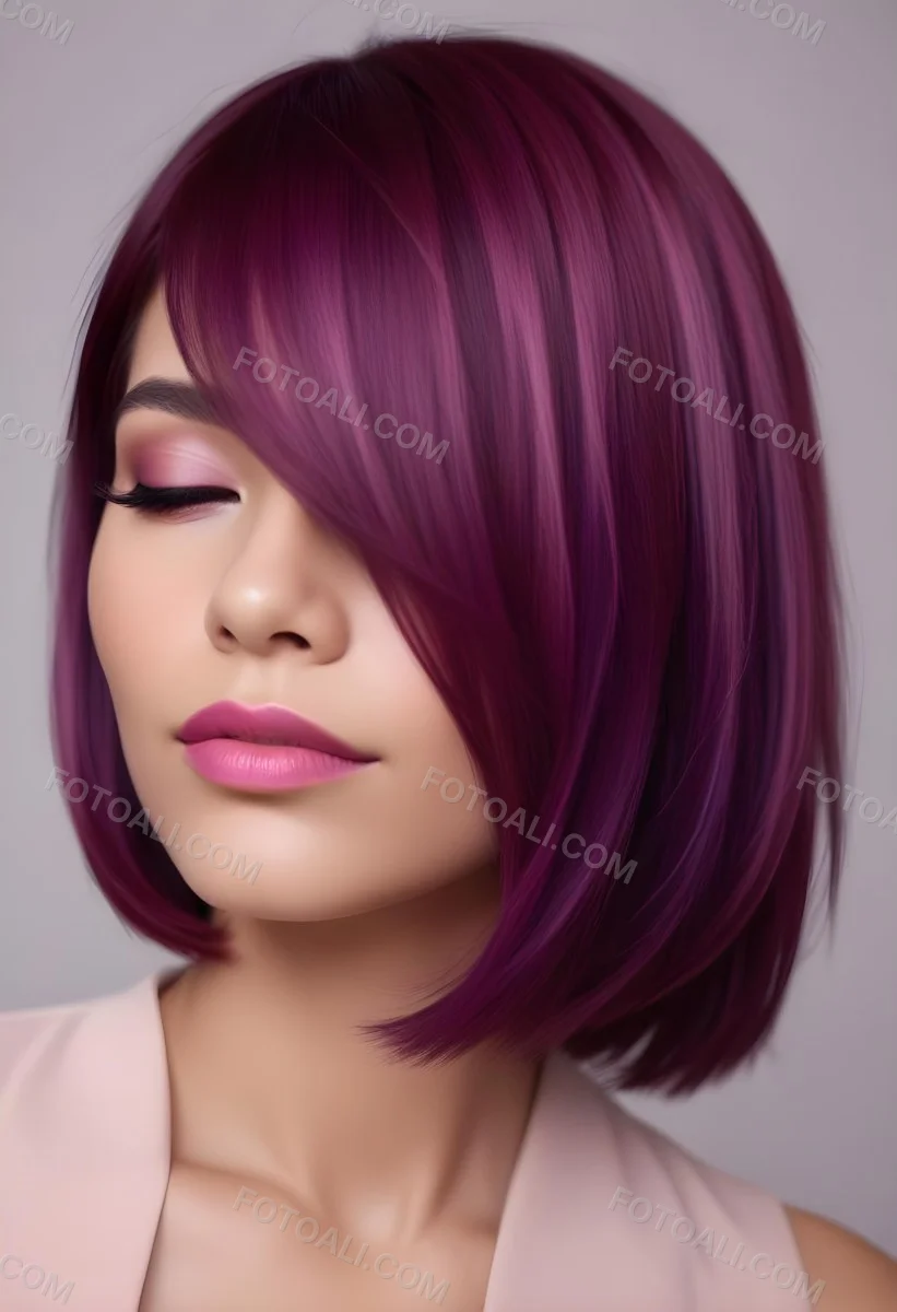 Woman With Medium Skin Tone And A Stylish Bob Haircut Featuring Vibrant Purple Highlights She Has Her Eyes Closed And Is Wearing Soft Pink Lipstick And Eye Makeup The Background Is Neutral And Unobtrusive 9 9ab1