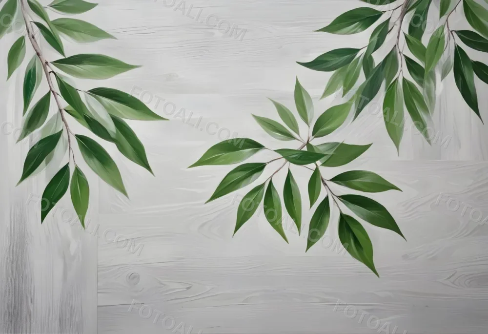 Wood Texture Background With Green Leaves In The Corners Light Gray Color Natural Light Minimalist Style Clean And Simple Composition 15 3af3