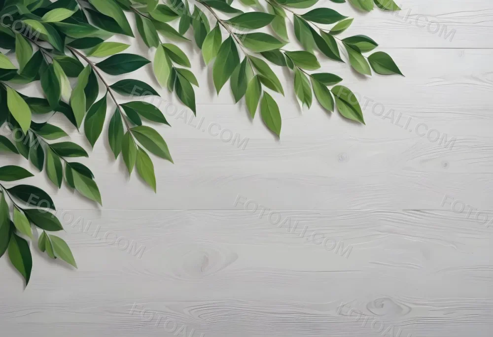 Wood Texture Background With Green Leaves In The Corners Light Gray Color Natural Light Minimalist Style Clean And Simple Composition 16 1959