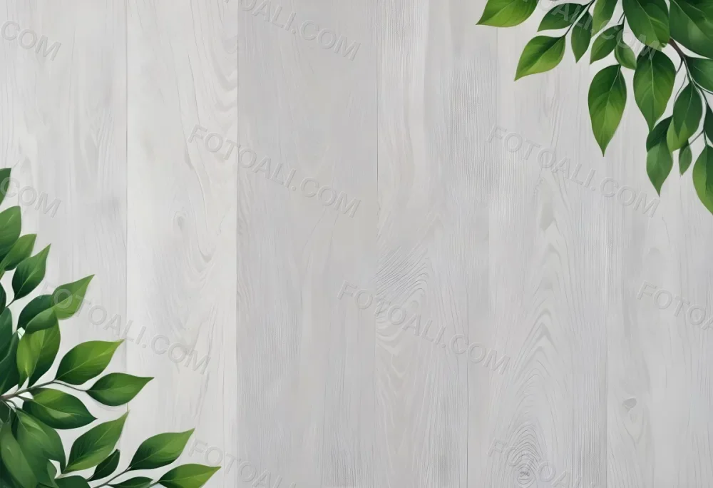 Wood Texture Background With Green Leaves In The Corners Light Gray Color Natural Light Minimalist Style Clean And Simple Composition 2 Eb88