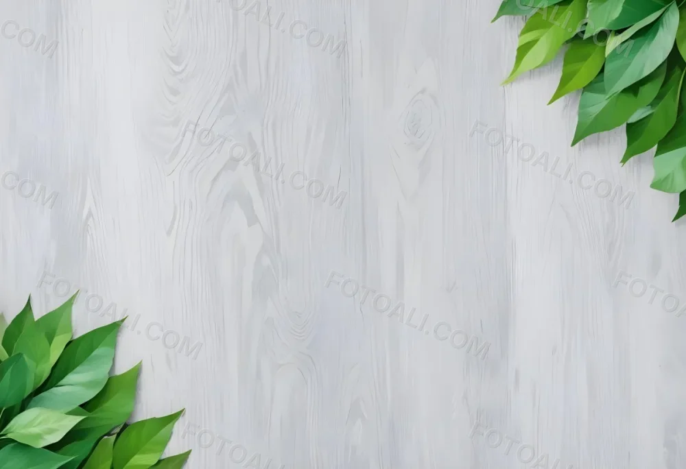 Wood Texture Background With Green Leaves In The Corners Light Gray Color Natural Light Minimalist Style Clean And Simple Composition 20 1999
