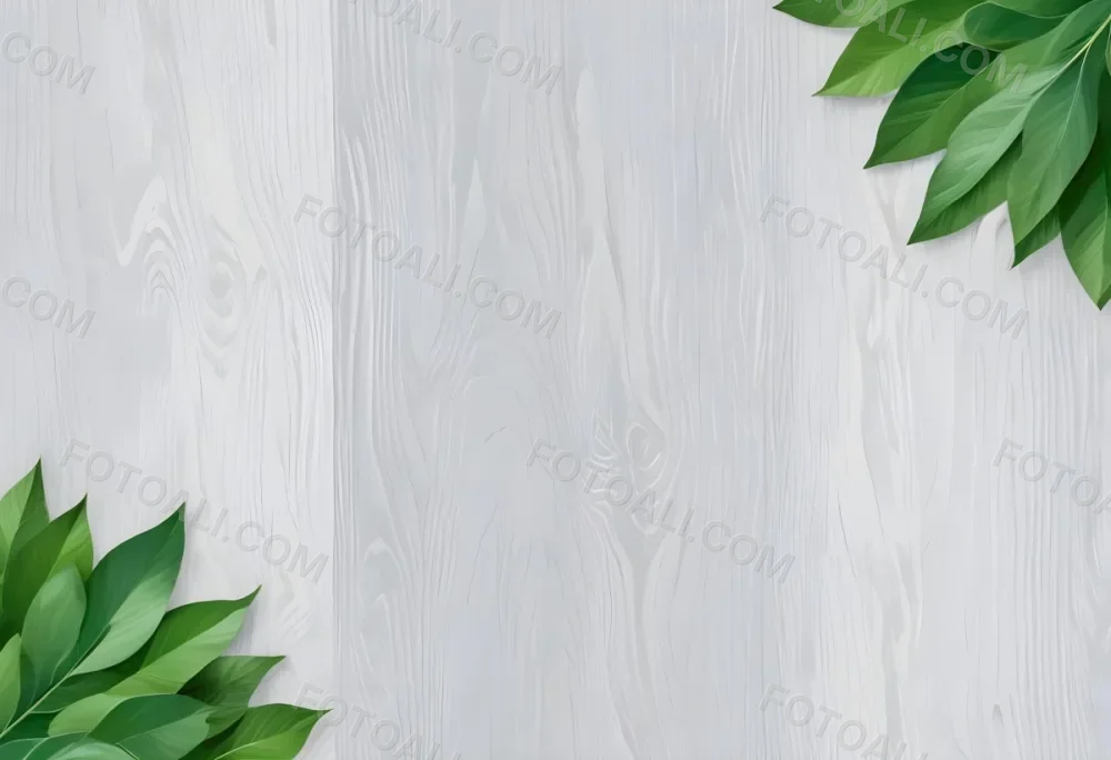 Wood Texture Background With Green Leaves In The Corners Light Gray Color Natural Light Minimalist Style Clean And Simple Composition 22 A0d8