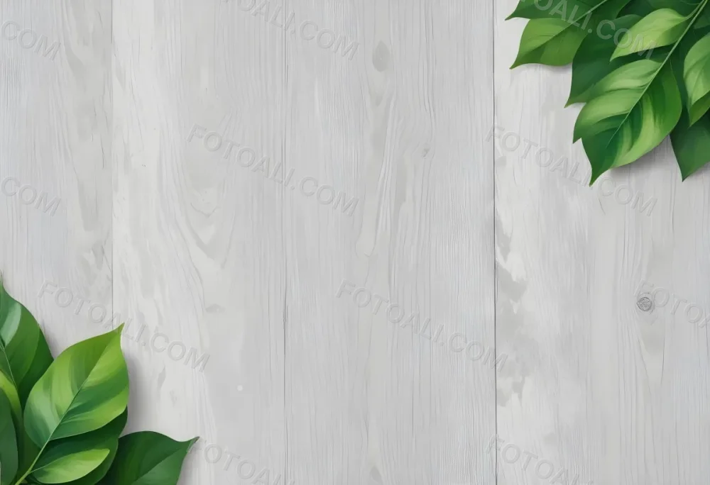 Wood Texture Background With Green Leaves In The Corners Light Gray Color Natural Light Minimalist Style Clean And Simple Composition 24 14b1