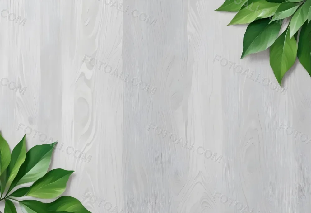 Wood Texture Background With Green Leaves In The Corners Light Gray Color Natural Light Minimalist Style Clean And Simple Composition 25 7bcb