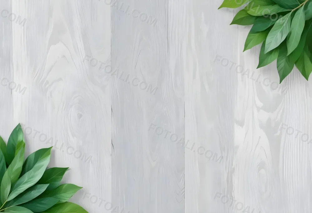 Wood Texture Background With Green Leaves In The Corners Light Gray Color Natural Light Minimalist Style Clean And Simple Composition 3 255e