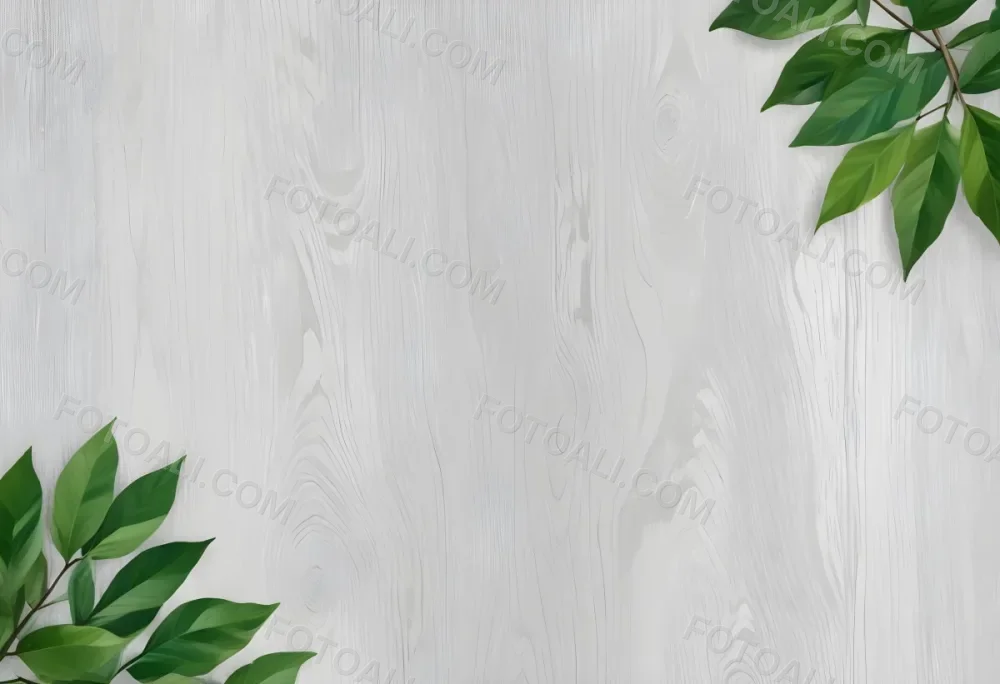 Wood Texture Background With Green Leaves In The Corners Light Gray Color Natural Light Minimalist Style Clean And Simple Composition 4 D1fe