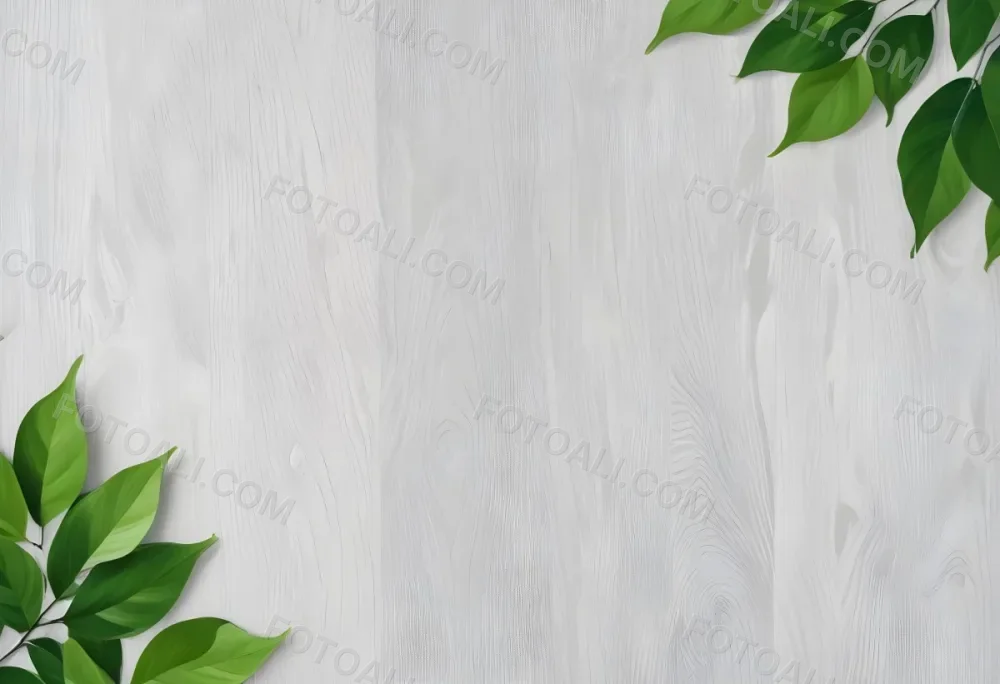 Wood Texture Background With Green Leaves In The Corners Light Gray Color Natural Light Minimalist Style Clean And Simple Composition 5 00b0