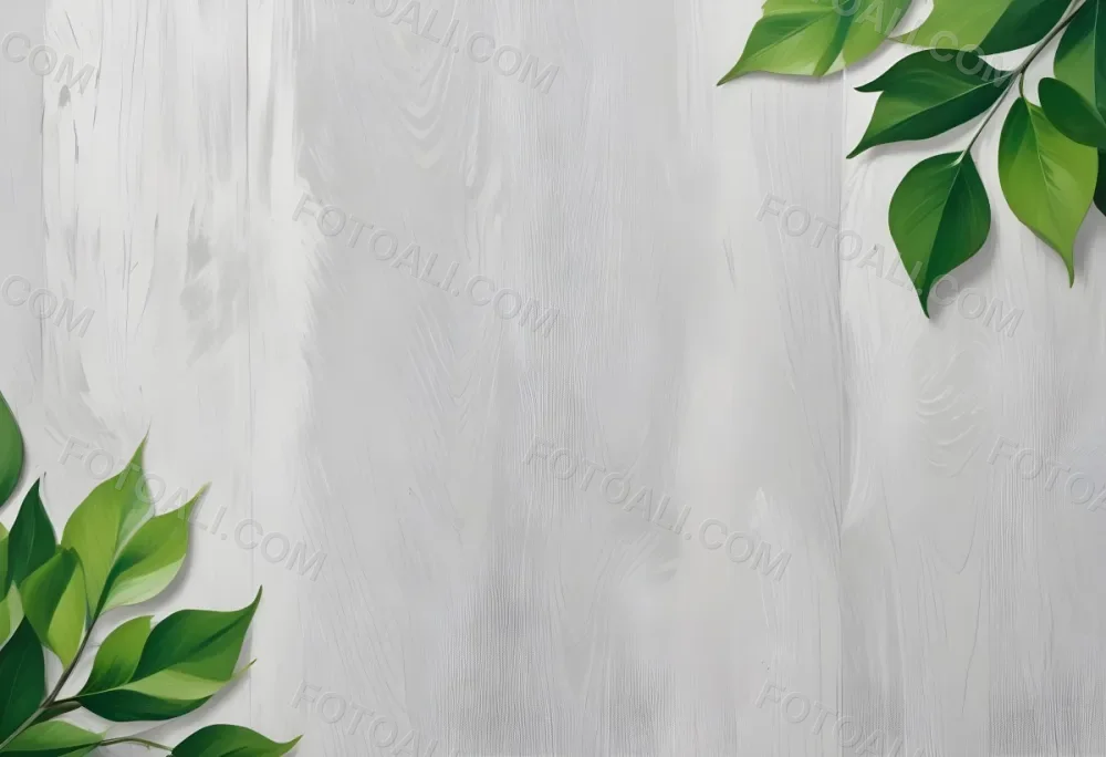 Wood Texture Background With Green Leaves In The Corners Light Gray Color Natural Light Minimalist Style Clean And Simple Composition 6 8b4d