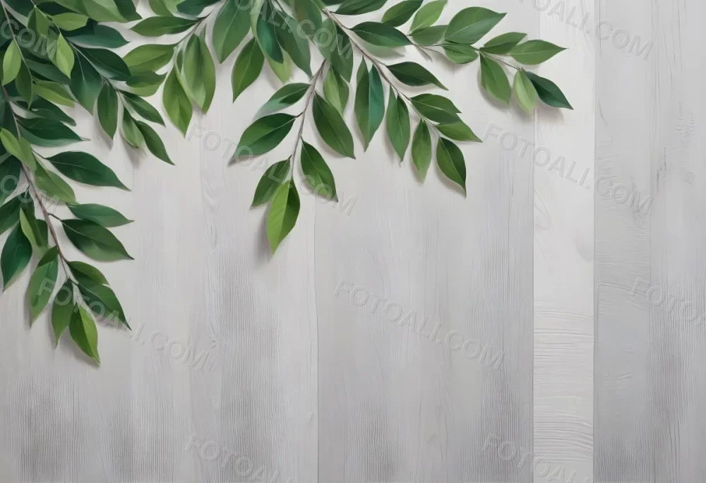 Wood Texture Background With Green Leaves In The Corners Light Gray Color Natural Light Minimalist Style Clean And Simple Composition 8 4f31