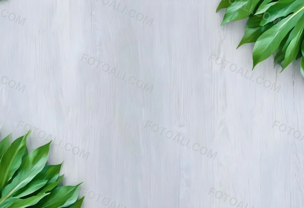 Wood Texture Background With Green Leaves In The Corners Light Gray Color Natural Light Minimalist Style Clean And Simple Composition 9 Ceaf