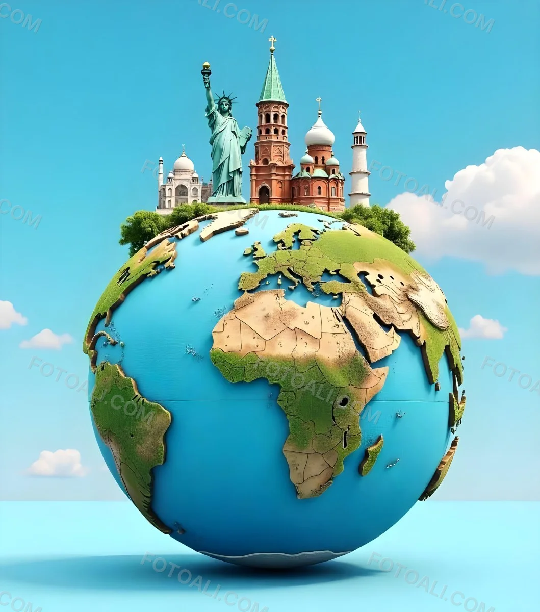 World Globe With Statue Of Liberty Leaning Tower Of Pisa Saint Basil S Cathedral Moai And Taj Mahal On Top Blue Sky Background 10 4914