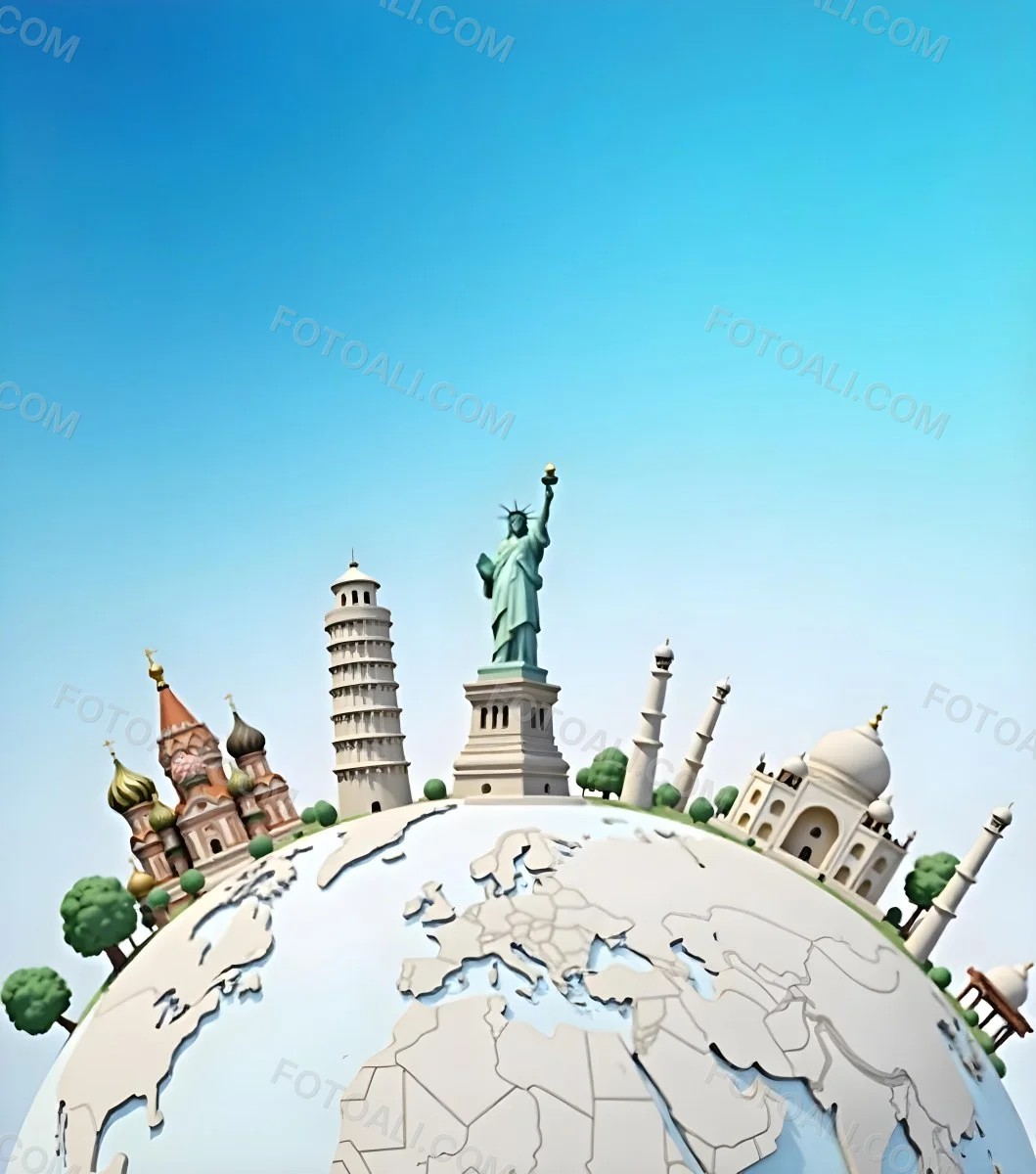 World Globe With Statue Of Liberty Leaning Tower Of Pisa Saint Basil S Cathedral Moai And Taj Mahal On Top Blue Sky Background 11 60b4