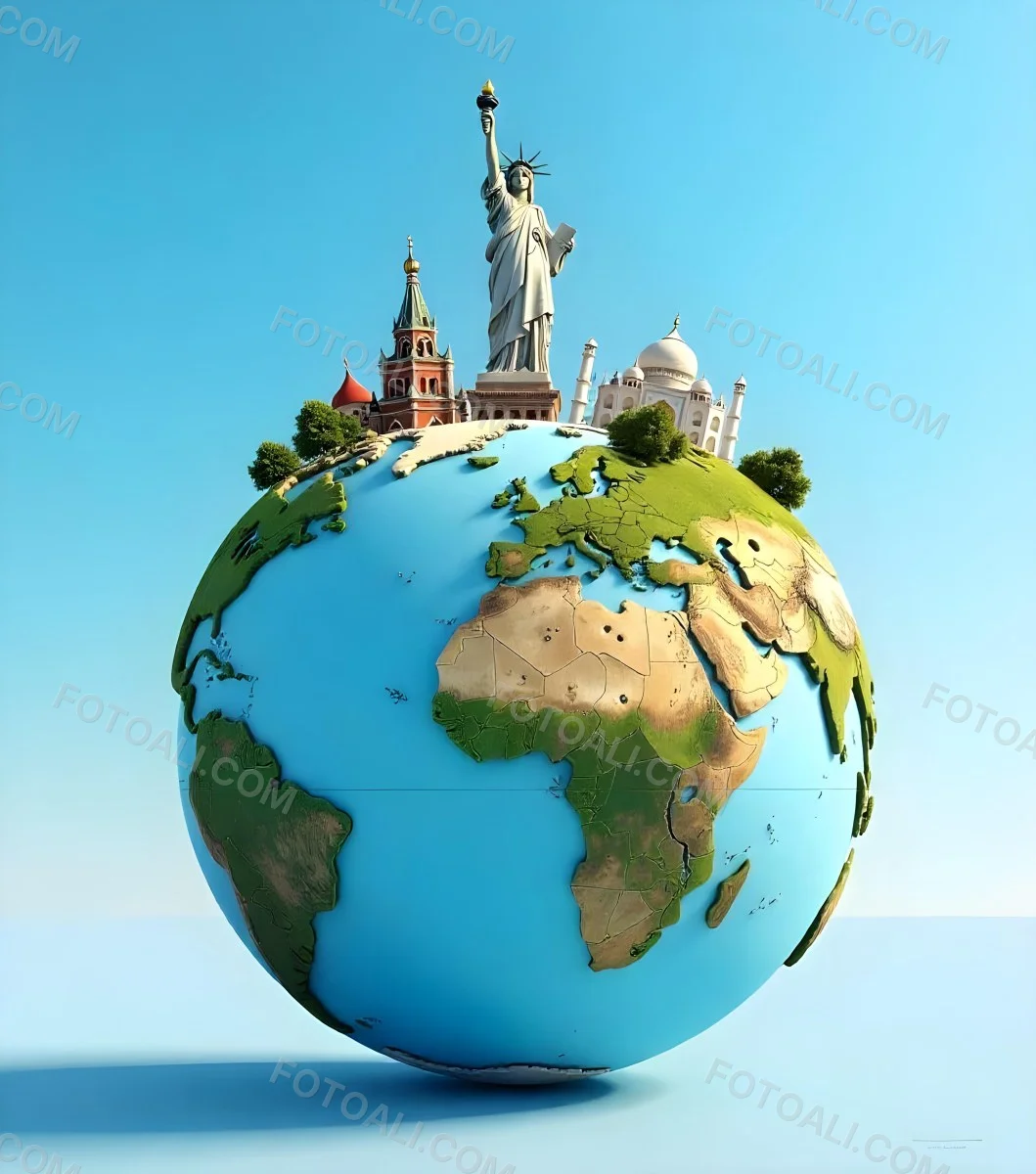 World Globe With Statue Of Liberty Leaning Tower Of Pisa Saint Basil S Cathedral Moai And Taj Mahal On Top Blue Sky Background 12 7ed0