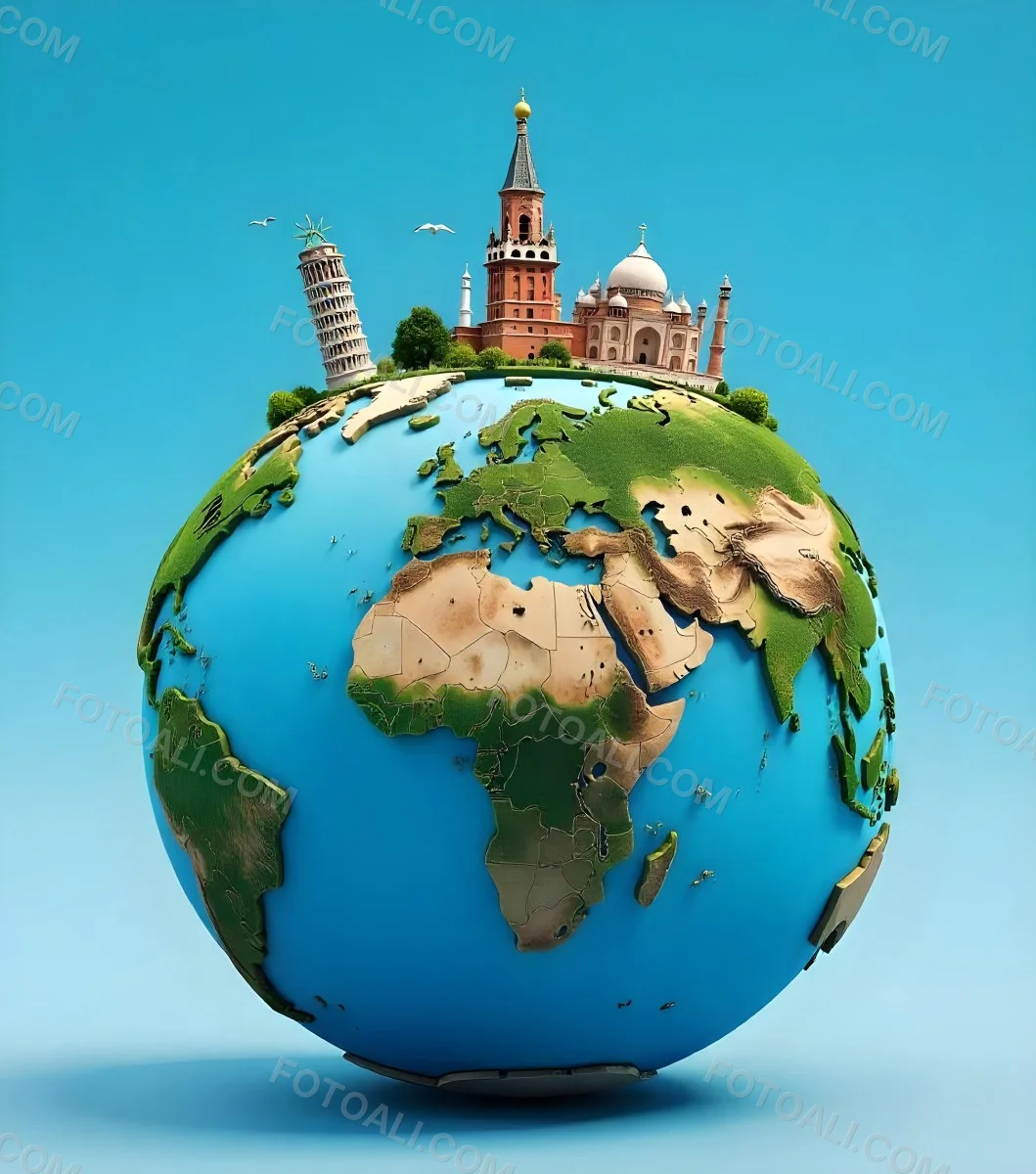 World Globe With Statue Of Liberty Leaning Tower Of Pisa Saint Basil S Cathedral Moai And Taj Mahal On Top Blue Sky Background 13 C018