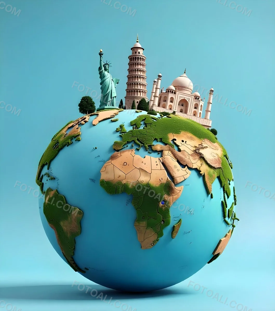 World Globe With Statue Of Liberty Leaning Tower Of Pisa Saint Basil S Cathedral Moai And Taj Mahal On Top Blue Sky Background 16 7250