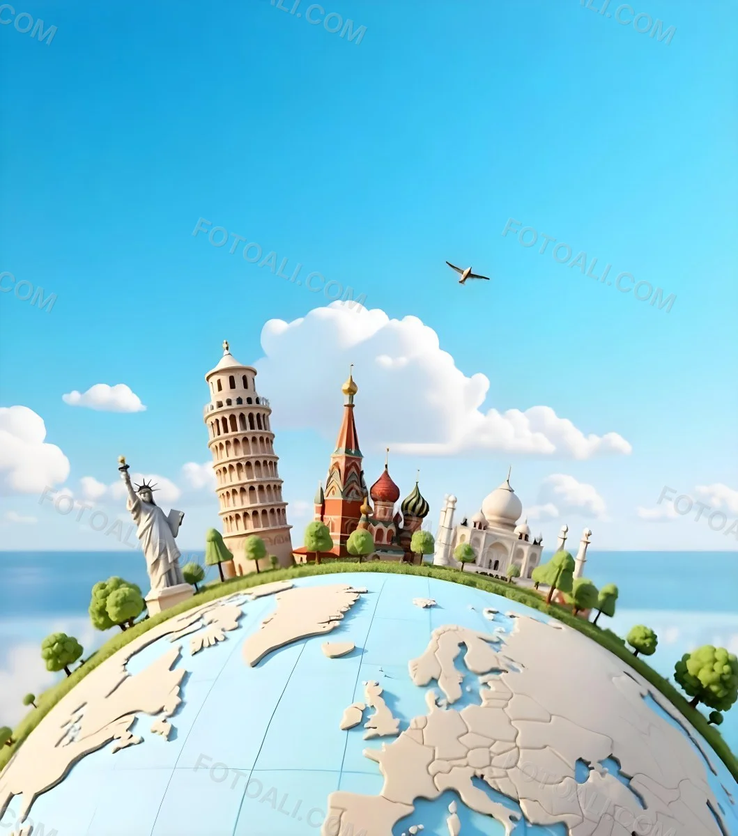World Globe With Statue Of Liberty Leaning Tower Of Pisa Saint Basil S Cathedral Moai And Taj Mahal On Top Blue Sky Background 2 3a41