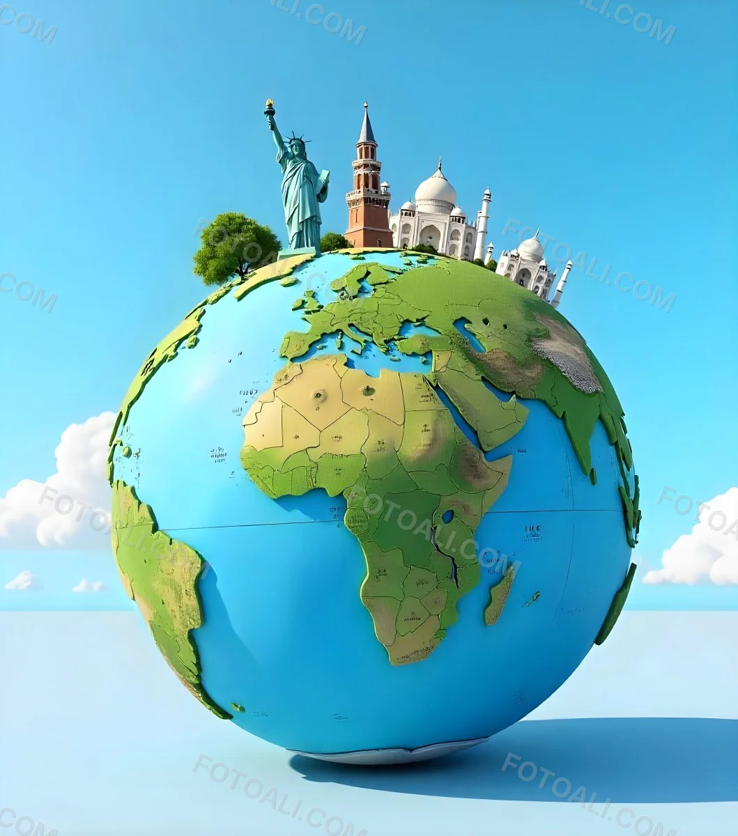 World Globe With Statue Of Liberty Leaning Tower Of Pisa Saint Basil S Cathedral Moai And Taj Mahal On Top Blue Sky Background 22 6177