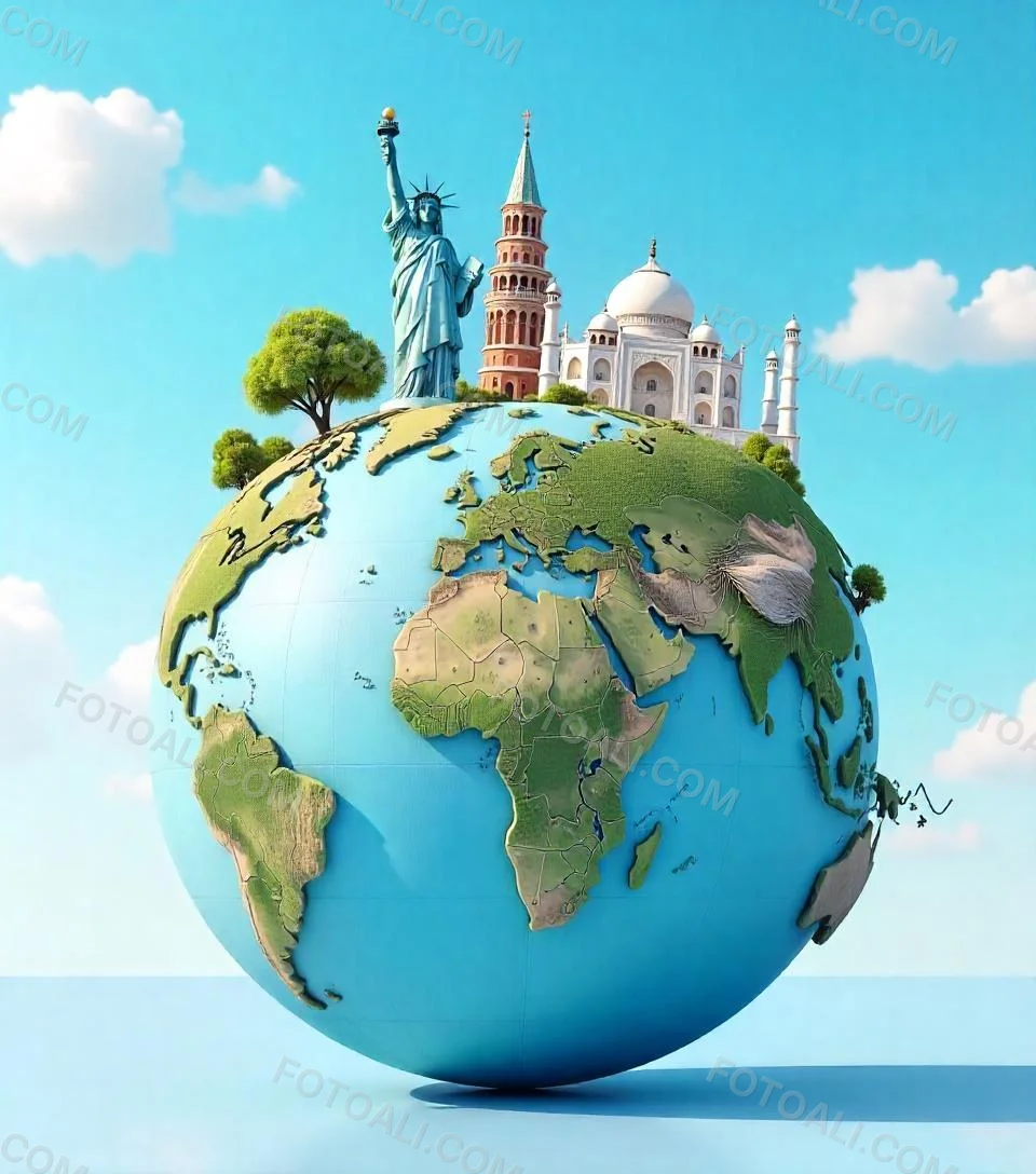 World Globe With Statue Of Liberty Leaning Tower Of Pisa Saint Basil S Cathedral Moai And Taj Mahal On Top Blue Sky Background 24 Bb89