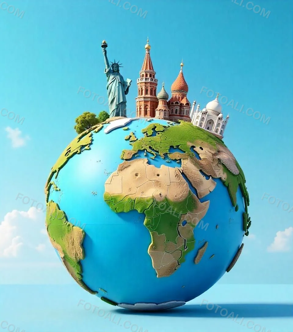 World Globe With Statue Of Liberty Leaning Tower Of Pisa Saint Basil S Cathedral Moai And Taj Mahal On Top Blue Sky Background 25 125e