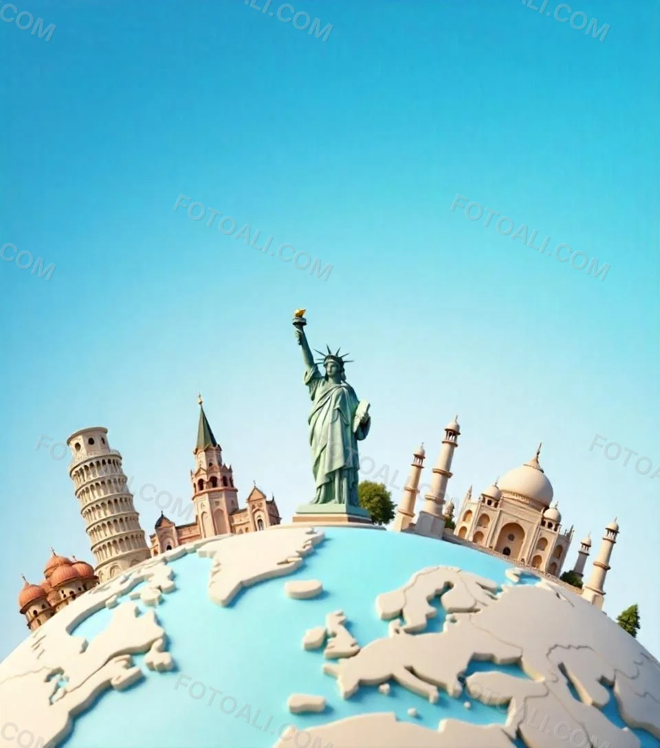 World Globe With Statue Of Liberty Leaning Tower Of Pisa Saint Basil S Cathedral Moai And Taj Mahal On Top Blue Sky Background 26 0ba2