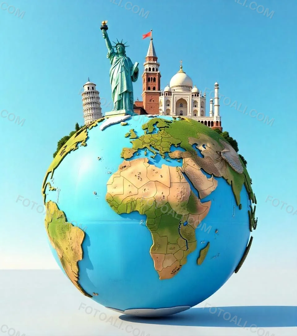 World Globe With Statue Of Liberty Leaning Tower Of Pisa Saint Basil S Cathedral Moai And Taj Mahal On Top Blue Sky Background 28 1e8d