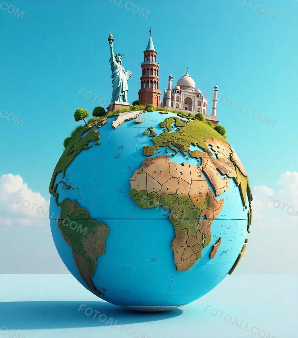 World Globe With Statue Of Liberty Leaning Tower Of Pisa Saint Basil S Cathedral Moai And Taj Mahal On Top Blue Sky Background 29 8cb2