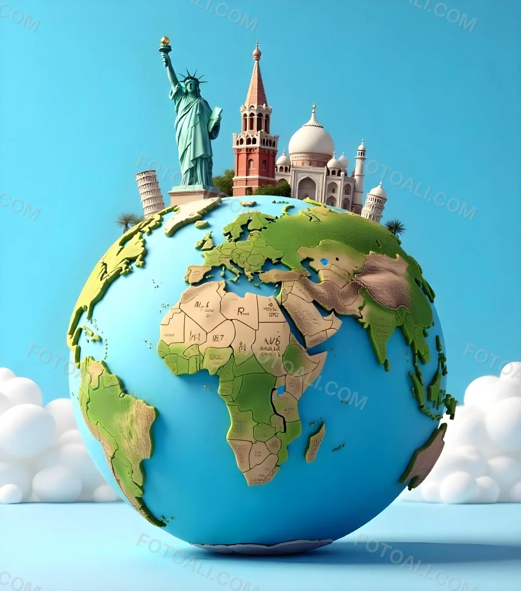 World Globe With Statue Of Liberty Leaning Tower Of Pisa Saint Basil S Cathedral Moai And Taj Mahal On Top Blue Sky Background 3 Bd91