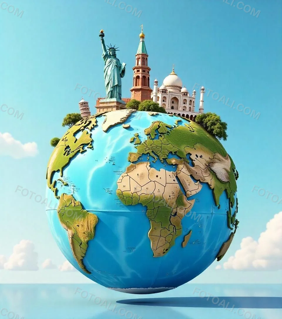 World Globe With Statue Of Liberty Leaning Tower Of Pisa Saint Basil S Cathedral Moai And Taj Mahal On Top Blue Sky Background 30 F1be