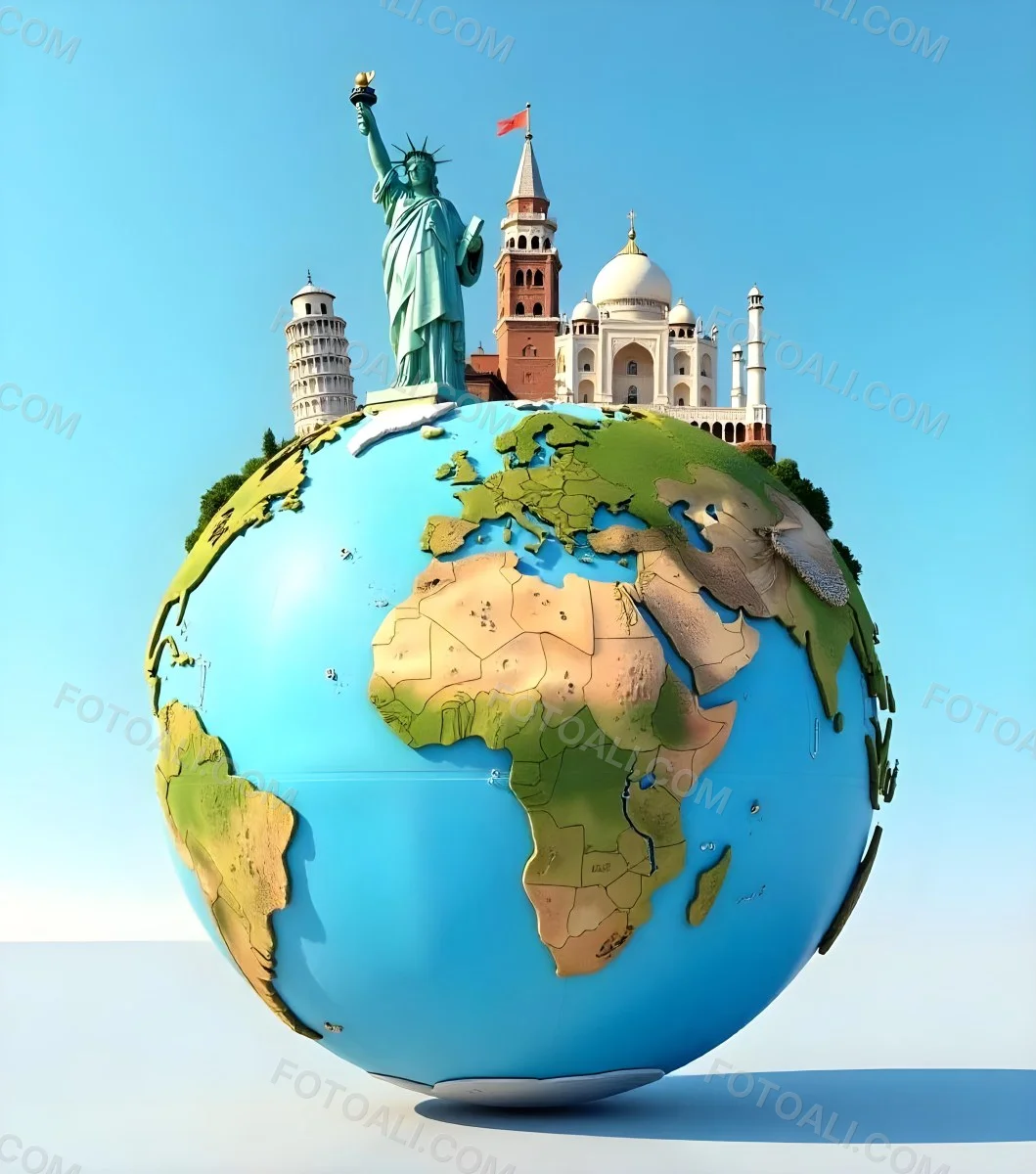 World Globe With Statue Of Liberty Leaning Tower Of Pisa Saint Basil S Cathedral Moai And Taj Mahal On Top Blue Sky Background 33 53dd