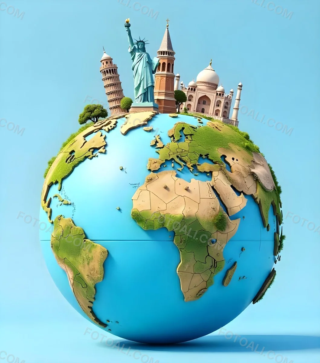 World Globe With Statue Of Liberty Leaning Tower Of Pisa Saint Basil S Cathedral Moai And Taj Mahal On Top Blue Sky Background 36 Fe50