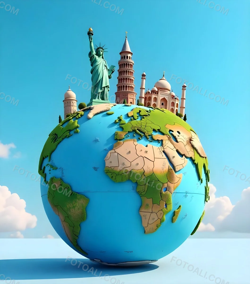World Globe With Statue Of Liberty Leaning Tower Of Pisa Saint Basil S Cathedral Moai And Taj Mahal On Top Blue Sky Background 4 Ce4e