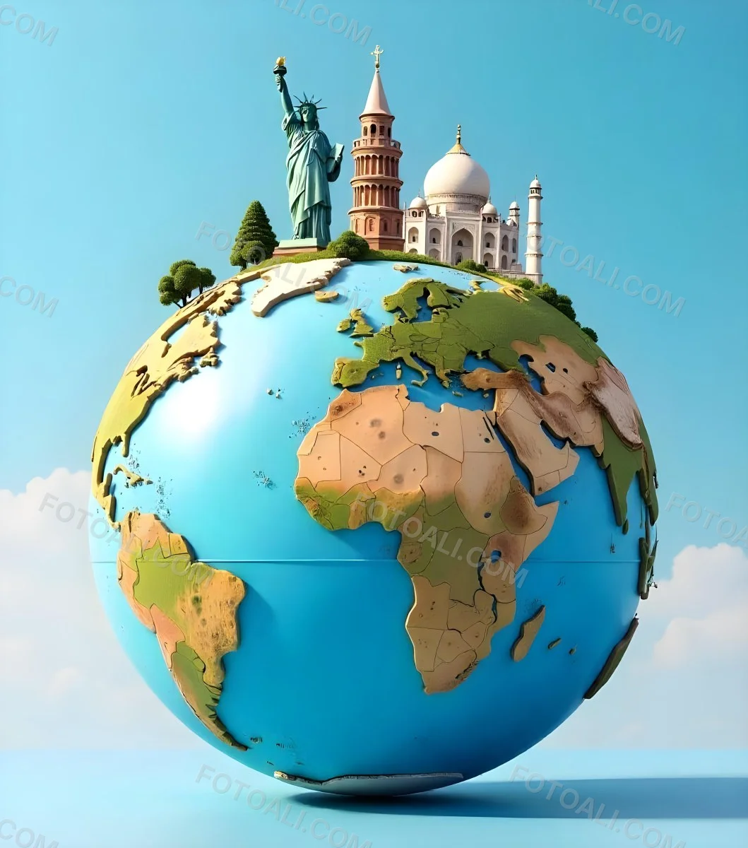 World Globe With Statue Of Liberty Leaning Tower Of Pisa Saint Basil S Cathedral Moai And Taj Mahal On Top Blue Sky Background 6 4ce7