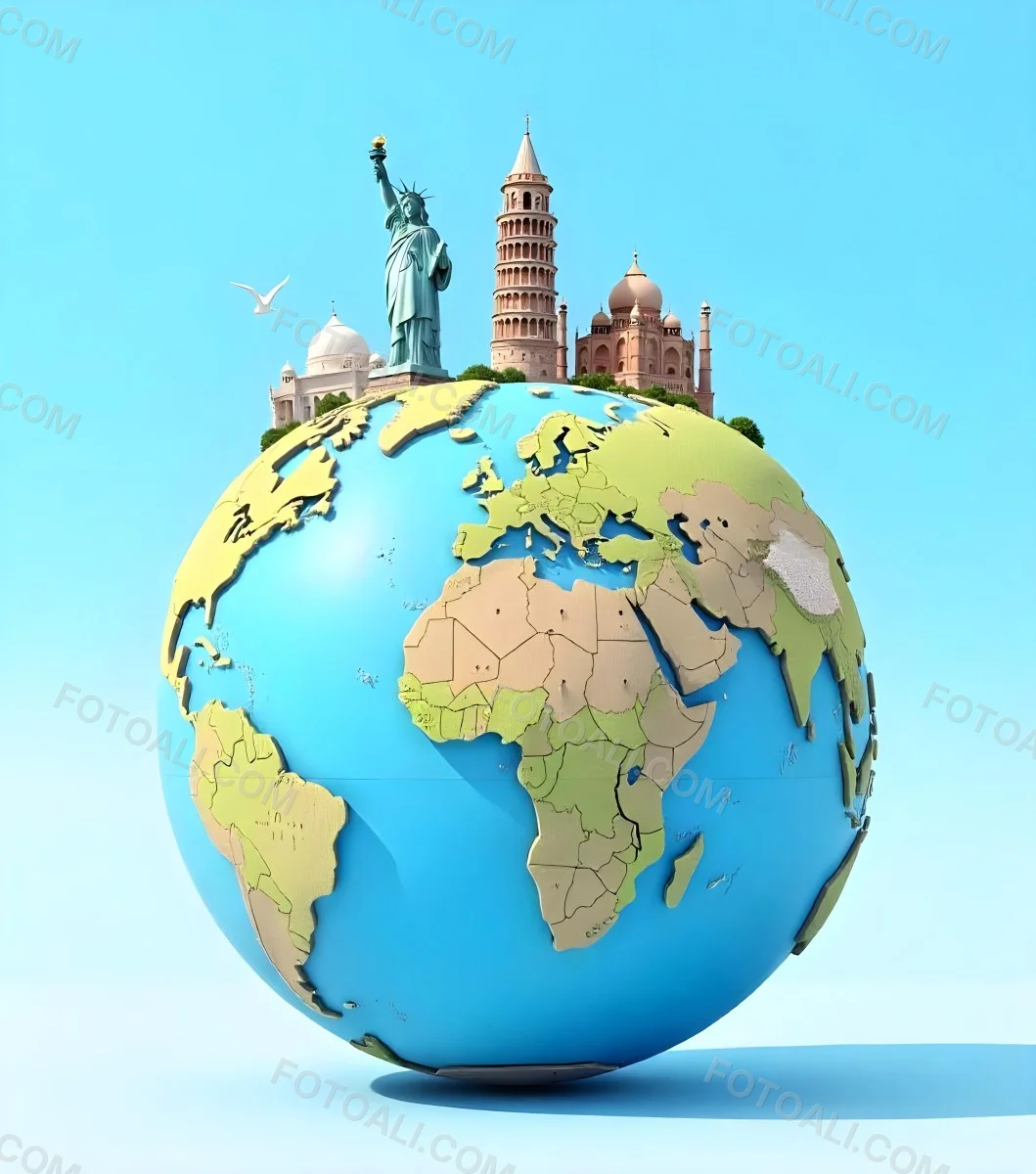 World Globe With Statue Of Liberty Leaning Tower Of Pisa Saint Basil S Cathedral Moai And Taj Mahal On Top Blue Sky Background 8 197e