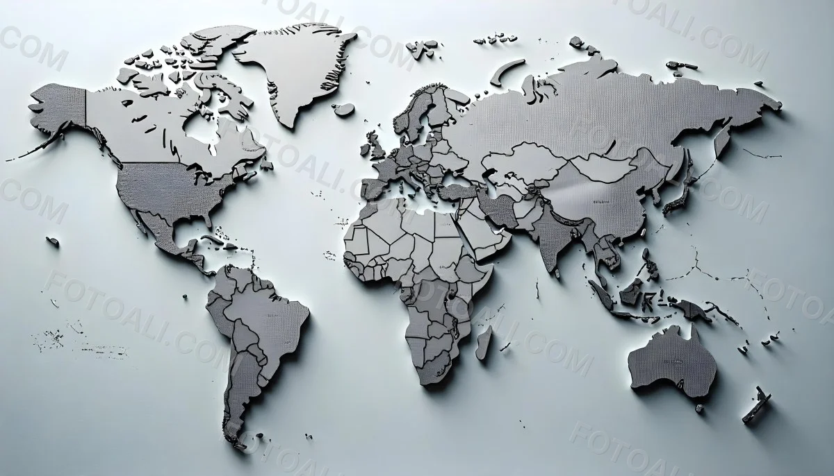 World Map With Countries In Different Shades Of Gray The Background Is Gray The Map Is Centered And The Countries Are Well Defined 12 9138