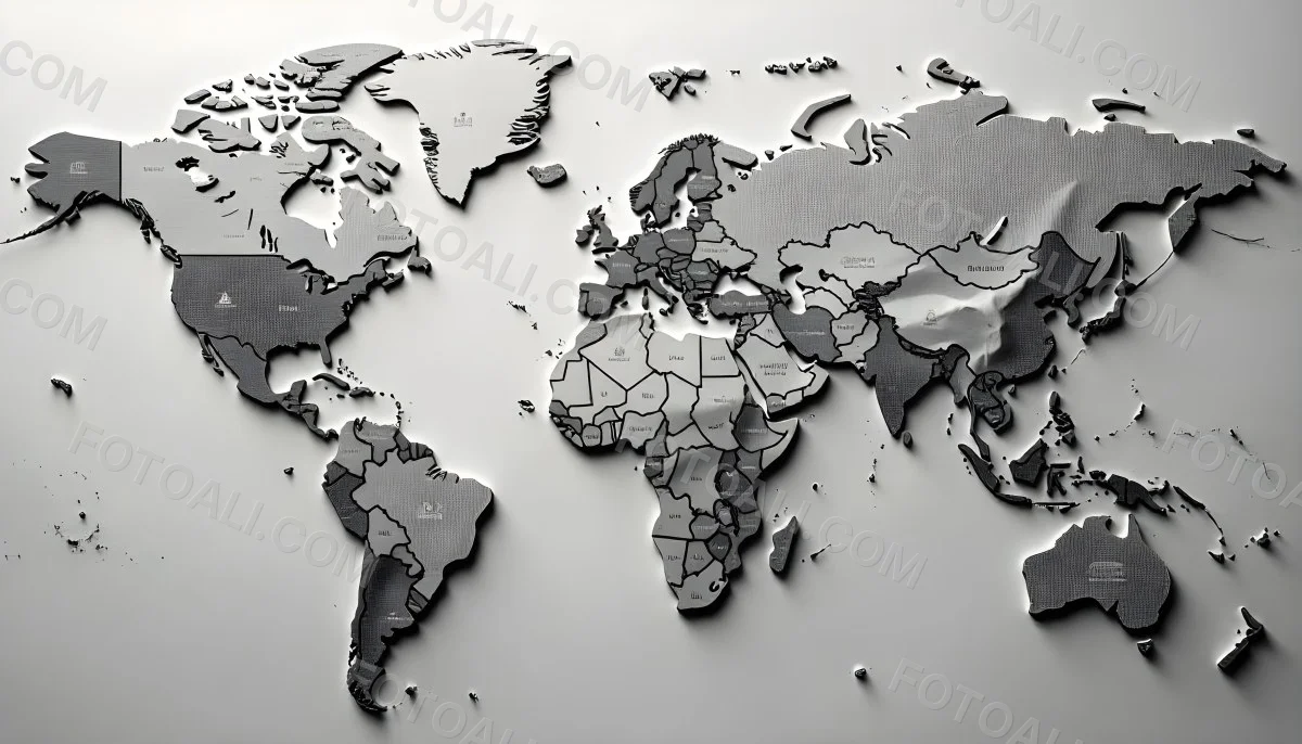 World Map With Countries In Different Shades Of Gray The Background Is Gray The Map Is Centered And The Countries Are Well Defined 13 13ac
