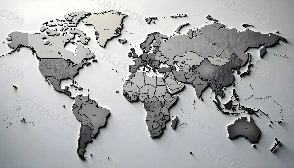 World Map With Countries In Different Shades Of Gray The Background Is Gray The Map Is Centered And The Countries Are Well Defined 14 210e