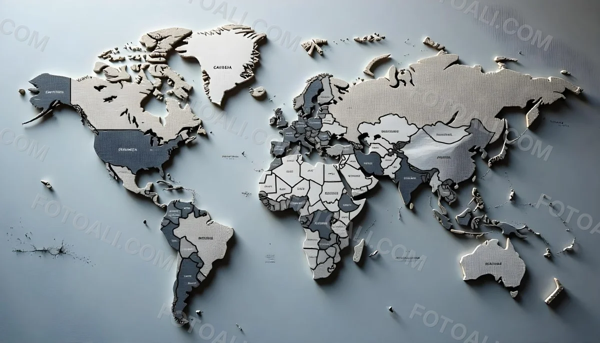 World Map With Countries In Different Shades Of Gray The Background Is Gray The Map Is Centered And The Countries Are Well Defined 4 1539