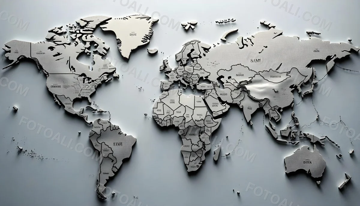 World Map With Countries In Different Shades Of Gray The Background Is Gray The Map Is Centered And The Countries Are Well Defined 6 698d