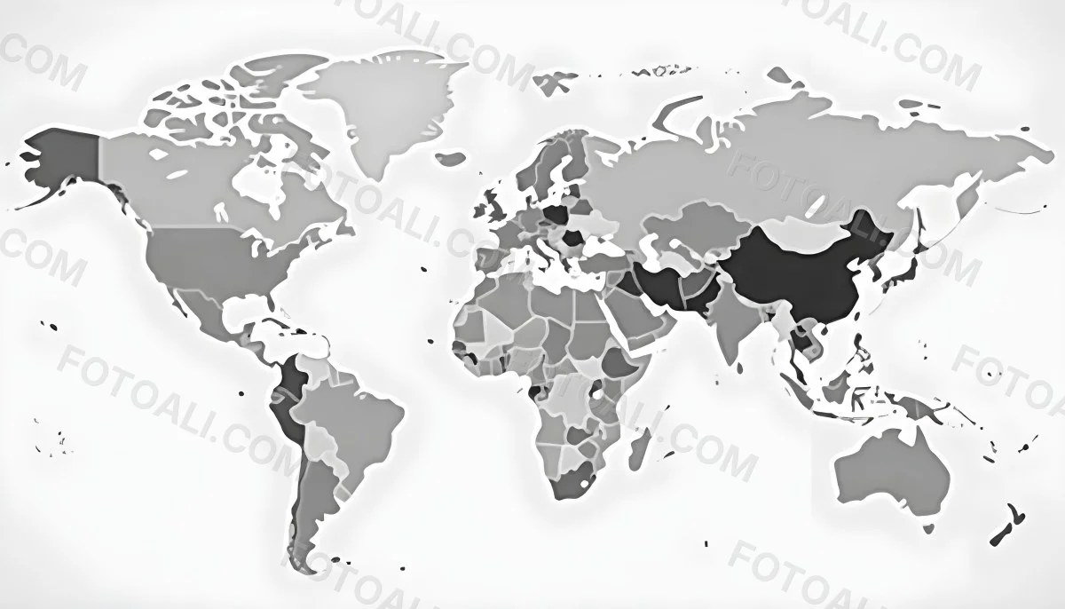 World Map With Countries In Different Shades Of Gray The Background Is Gray The Map Is Centered And The Countries Are Well Defined 7 9a5b
