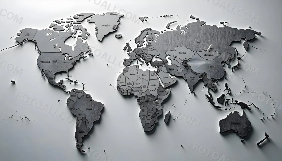 World Map With Countries In Different Shades Of Gray The Background Is Gray The Map Is Centered And The Countries Are Well Defined 9 F416