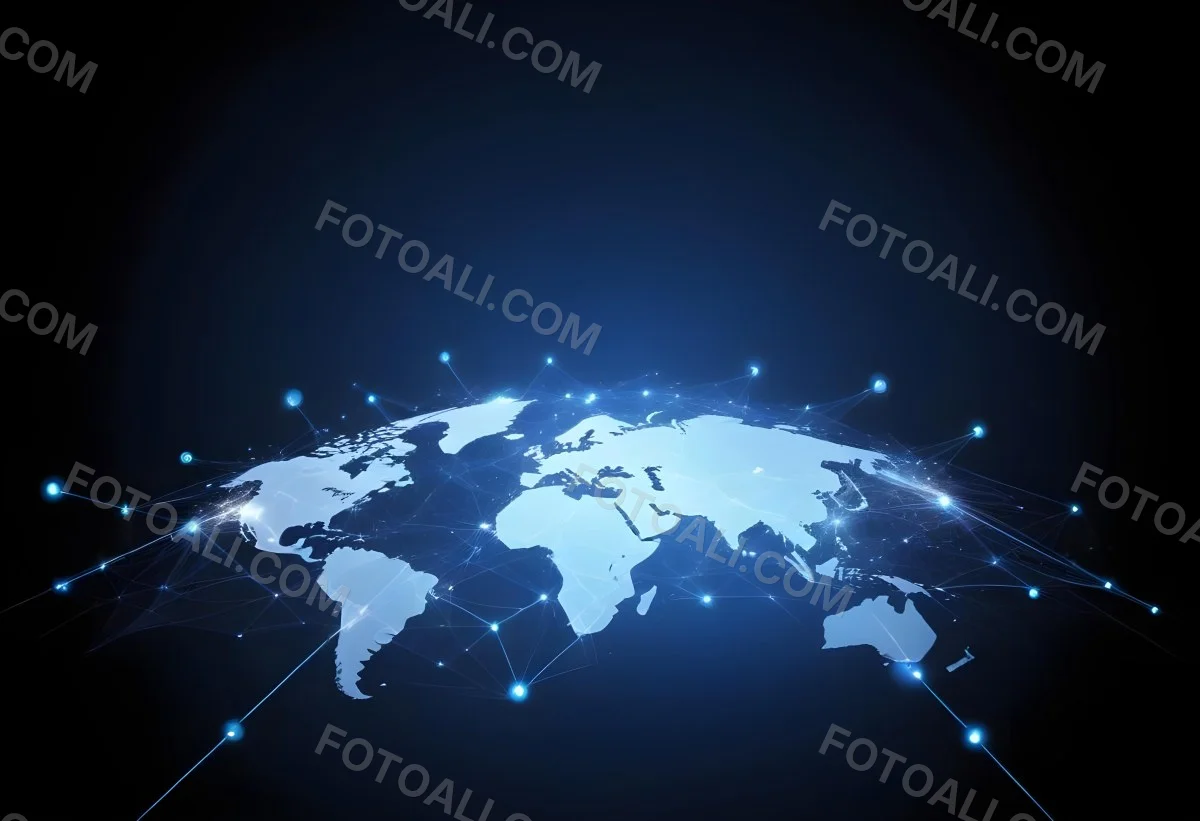 World Map With Interconnected Dots And Lines Representing Global Network Communication And Technology Set Against A Dark Blue Background Modern And Futuristic Design 24 0223