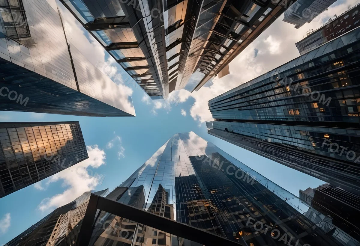 Worm S Eye View Of Modern Skyscrapers With Glass And Steel Facades Reaching Towards A Blue Sky With Scattered Clouds Creating A Sense Of Urban Grandeur 14 9a79