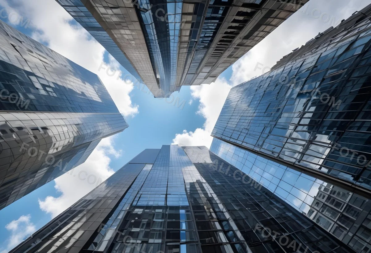 Worm S Eye View Of Modern Skyscrapers With Glass And Steel Facades Reaching Towards A Blue Sky With Scattered Clouds Creating A Sense Of Urban Grandeur 15 B6ee
