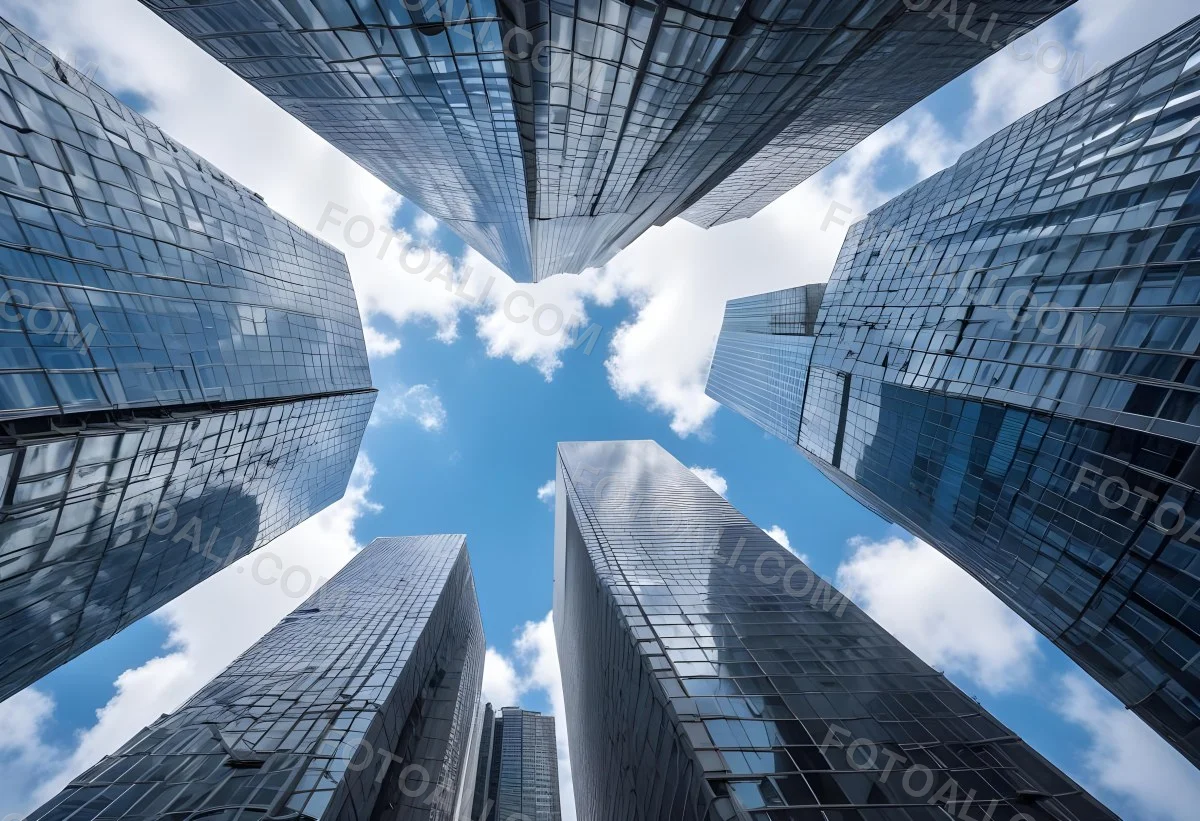Worm S Eye View Of Modern Skyscrapers With Glass And Steel Facades Reaching Towards A Blue Sky With Scattered Clouds Creating A Sense Of Urban Grandeur 3 A7ca
