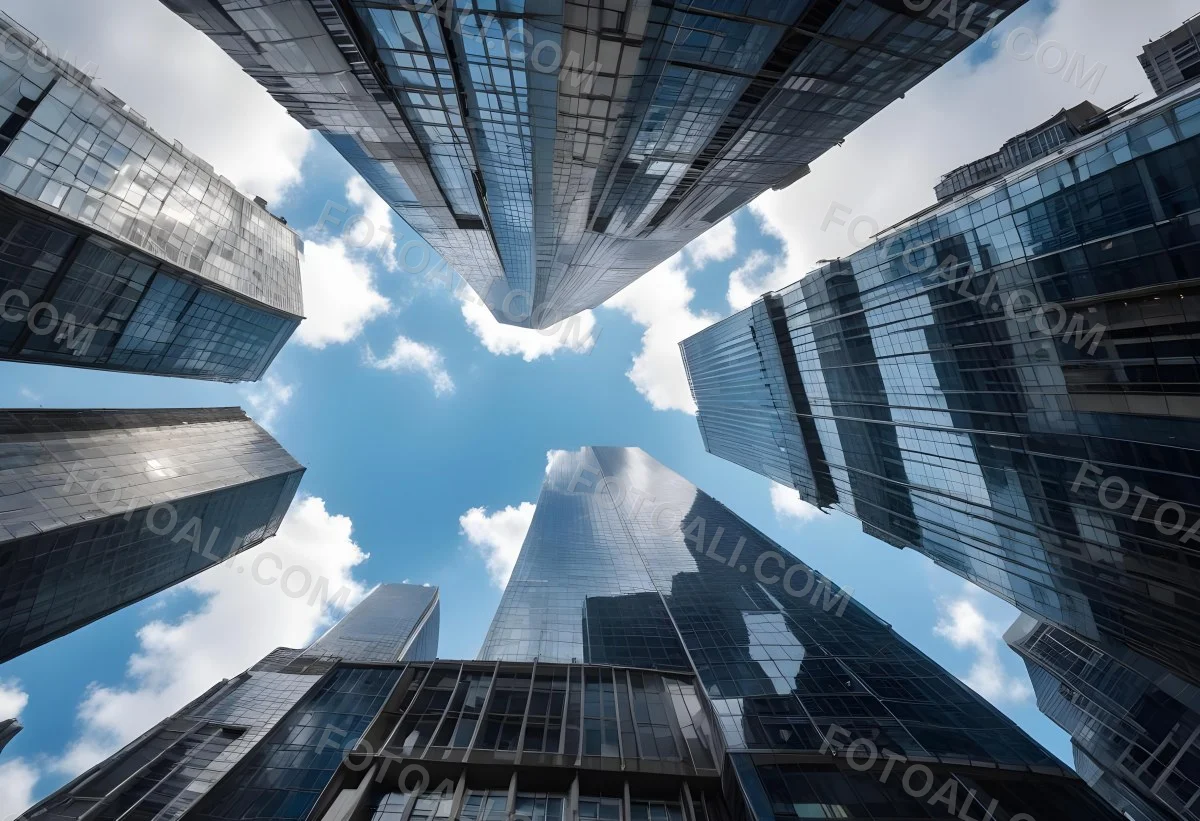Worm S Eye View Of Modern Skyscrapers With Glass And Steel Facades Reaching Towards A Blue Sky With Scattered Clouds Creating A Sense Of Urban Grandeur 7 0138