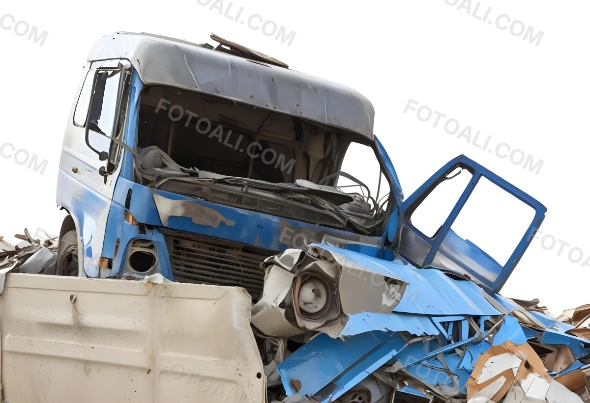 Wrecked White Truck With A Smashed Cabin And A Load Of Metal Sheets Isolated On A White Background Showing The Aftermath Of A Severe Accident 1 E0d5