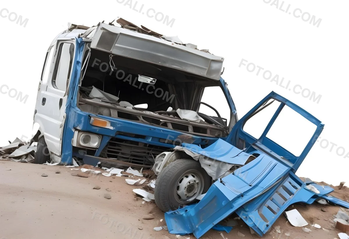 Wrecked White Truck With A Smashed Cabin And A Load Of Metal Sheets Isolated On A White Background Showing The Aftermath Of A Severe Accident 10 21e1