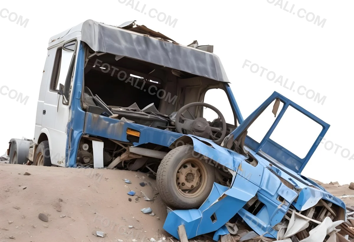 Wrecked White Truck With A Smashed Cabin And A Load Of Metal Sheets Isolated On A White Background Showing The Aftermath Of A Severe Accident 11 58f2