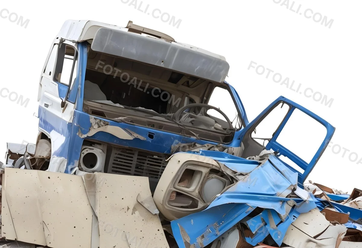 Wrecked White Truck With A Smashed Cabin And A Load Of Metal Sheets Isolated On A White Background Showing The Aftermath Of A Severe Accident 12 1248